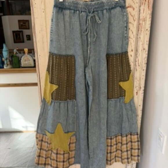 EASEL CHAMBRAY PATCHED WIDE LEG PANT NWT - Picture 6 of 9
